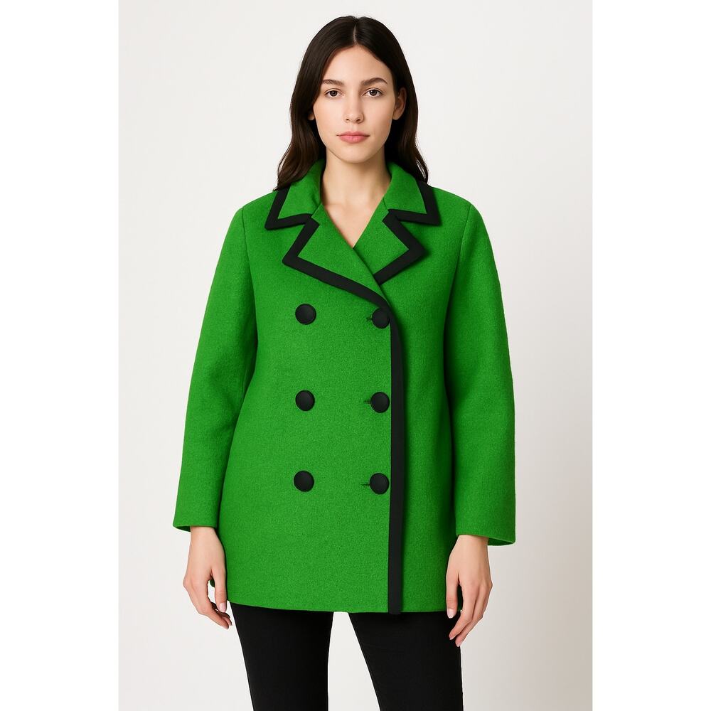 1960s Joseph Heim Agnes Whitmore Green Boucle Mod Wool Coat black trim Medium